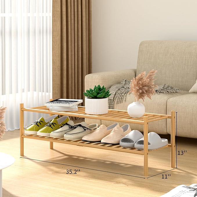2-Tier Bamboo Long Shoe Rack, Free Standing Wood Shoe Shelf Storage Organizer for Closet Entryway Stackable 35"x11"x13" (Natural)-NeatNest
