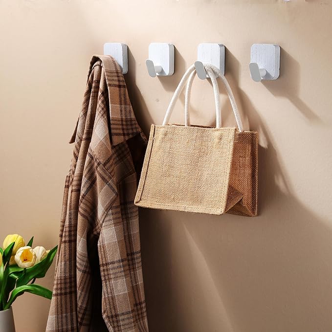 DELITON Wood Wall Hooks, Adhesive Towel Hooks for Hanging Wall Mounted, 4 Packs Coat Robes Hats Command Hook Heavy Duty No Damage, White-NeatNest