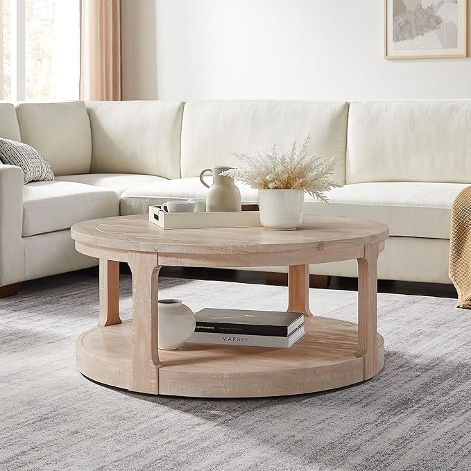 Coffee Table Round Wood Oak 40" Coffee Tables for Living Room Modern Circle Center 2-Tier Solid Desktop Minimalistic Design Accent with Shelf Storage Home Furniture Apartment Office Easy to Assemble-NeatNest