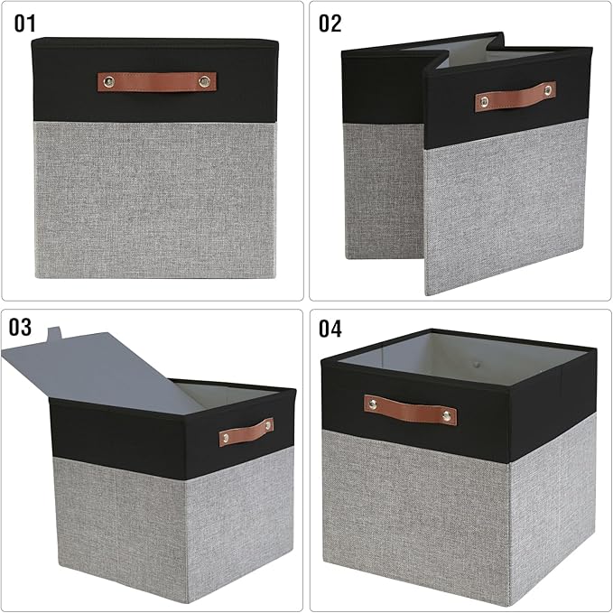 Collapsible Fabric Storage Cube Bins with 2 Reinforced PU Handles, Foldable Storage Organizer Baskets for Closet, Shelves, Living Room | 11"x11"x11", 4 Pack, Black & Gray-NeatNest