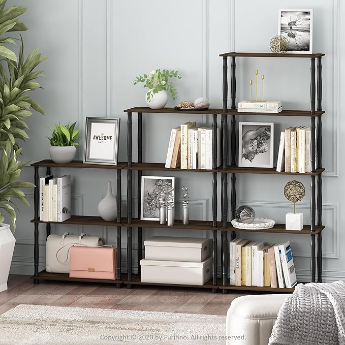 Furinno Turn-N-Tube 3-Tier Compact Multipurpose Shelf Display Rack with Classic Tube, Columbia Walnut/Black-NeatNest