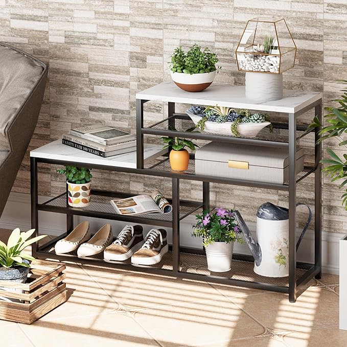 Shoe Rack Bench for Entryway,Free Standing Shoe Storage Organizer for Front Door Entrance,Boot Rack Holder Shelf for Closet with Seat,Sturdy Shoe Shelves for High Heels, Hallways,White Marble-NeatNest