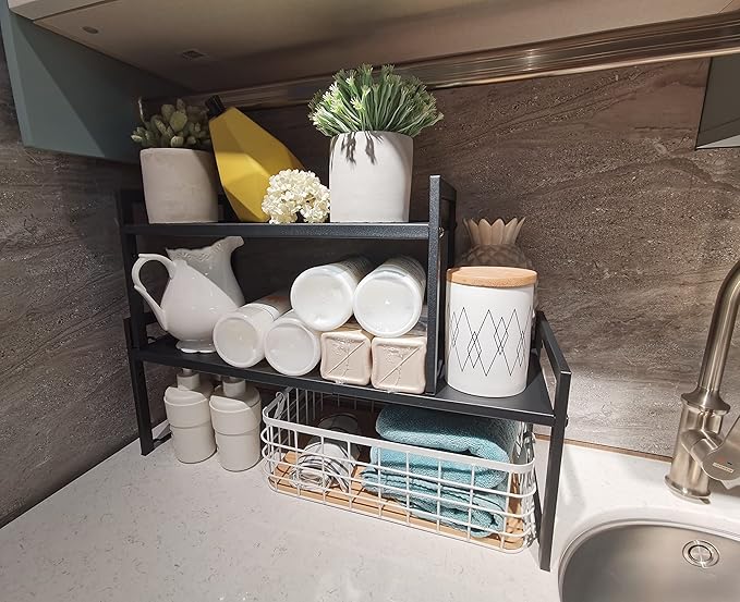 Expandable Cabinet Shelf Organizer 16-26" L Stackable Kitchen Counter Shelf Sink Rack Countertop Storage Black (Wide 10.6”D)-NeatNest