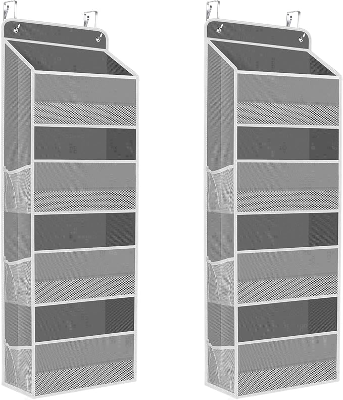 2 Pack Over The Door Organizer, Hanging Storage Organizer with Clear Window, 40lb Ultra Sturdy Large Capacity Room Organizer for Pantry Laundry Bathroom Nursery Closet (Grey)-NeatNest