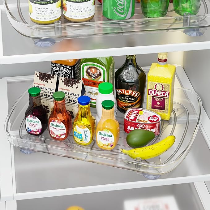 HIYOHIYO Clear Lazy Susan for Refrigerator Rectangular Fridge Turntable Organizers and Storage Pull Out & 360° Rotating for Cabinet Pantry Kitchen Table Bathroom (2-Pack 13.7"x10.2")