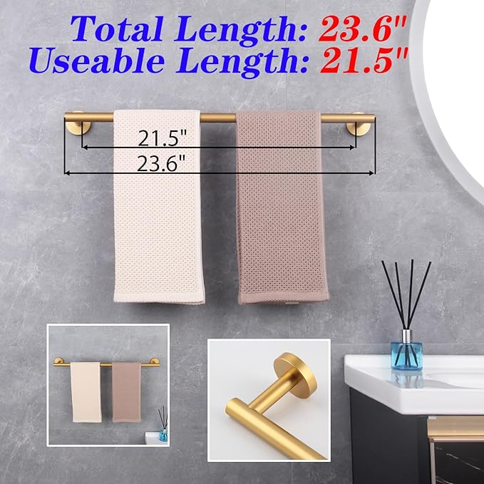 GERZWY 24-Inch Bathroom Towel Bar Gold Stainless Steel Modern Round Style Bath Hand Towel Rack Wall Mount AG1101C60-BE