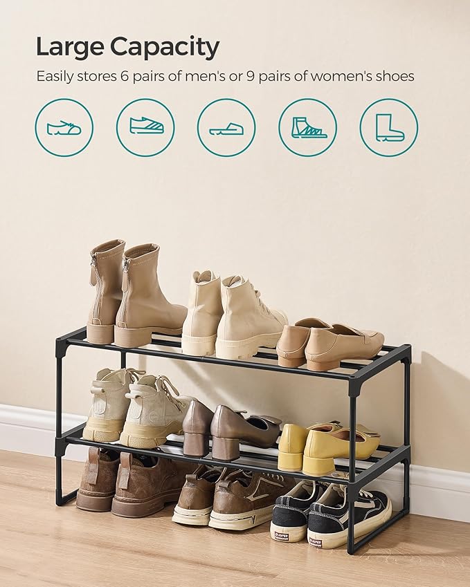 SONGMICS Shoe Rack, 2-Tier Shoe Organizer, Metal Storage Shelf, Upright or Upside Down, for 6-9 Pairs, Stackable, for Entryway, 11.8 x 26.8 x 13.2 Inches, Black ULSA202B01-NeatNest