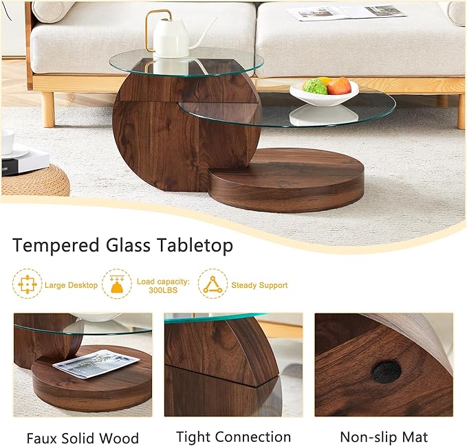 Glass Coffee Tables for Living Room Round Coffee Tables Modern 3 Tier Round Table Circle Coffee Table for Small Space Home Office (35.4 Inch Dark Brown)