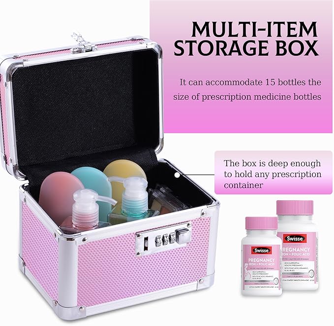 Small Medication Combination Lock Boxes with Code for Personal Items, Medicine Lockbox for Documents - 7.1 x 5.1 x 5.3 Inches Aurora