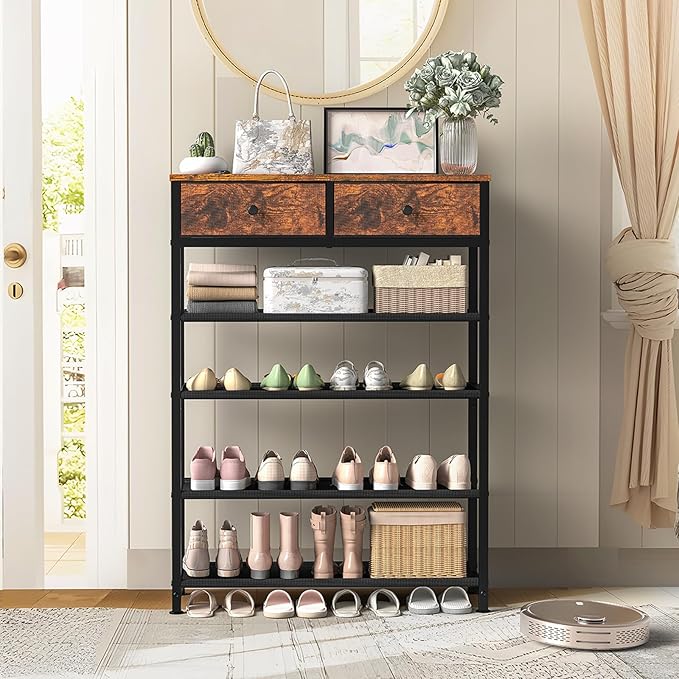 usikey Shoe Rack, 5 Tier Shoe Storage Organizer with 2 Drawers, Metal Shoe Shelf for 12-16 Pairs of Shoes, with 4 Fabric Shelves and Wooden Top, Shoe Stand for Closet Entryway, Rustic Brown-NeatNest