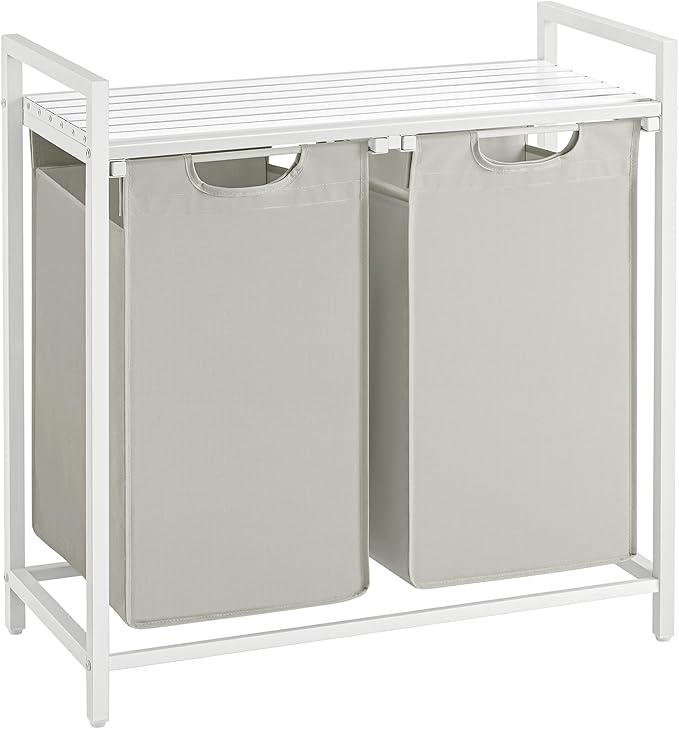 VASAGLE Laundry Hamper, Laundry Basket, Laundry Sorter with 2 Pull-Out and Removable Bags, Shelf, Metal Frame, 2 x 12.1 Gallons (46 L), 28.8 x 13 x 28.4 Inches, Cream White and Cloud White UBLH201W01-NeatNest