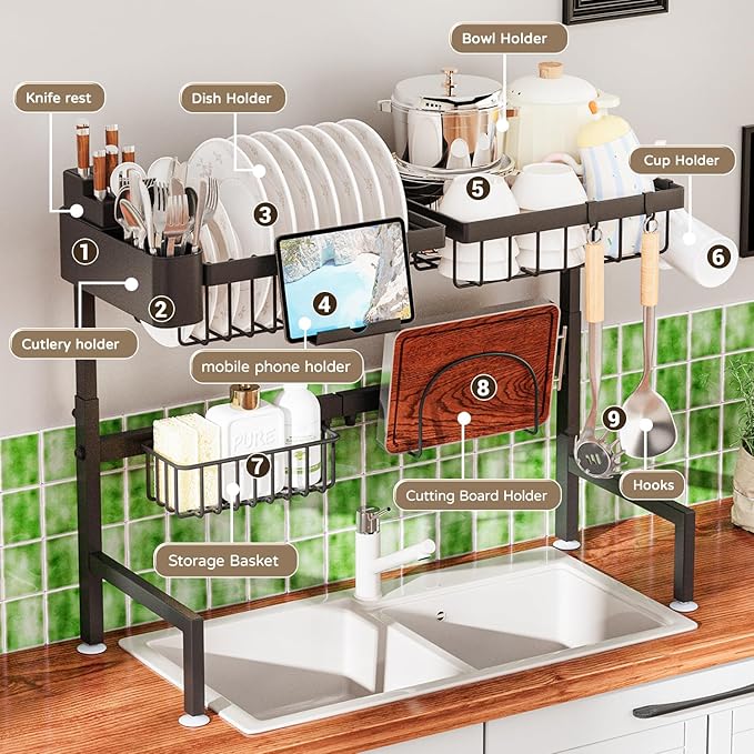 Over The Sink Dish Drying Rack, Expandable Height and Length, 2 Tier Large, Stainless Steel, 24-35.5 inches L x 12 inches W x 19-22 inches H