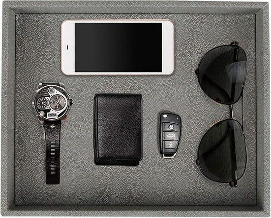 HofferRuffer Decorative Desktop Organizer Tray, Bathroom Vanity Tray, Storage Jewelry Perfume Dresser Tray, Catchall Tray for Change Coin Key, 10.2 x 8.4 x 1.8 inches (Dark Grey Faux Leather Shagreen)-NeatNest