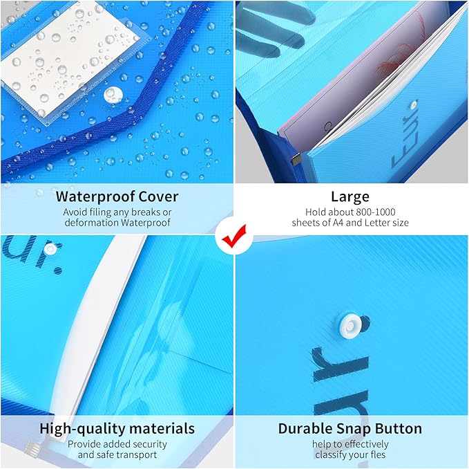 Expanding File Folder Document Organizer with Snap Button, Waterproof Transparent Document Bag, 2.8" Expansion, Letter A4 Expandable File Folder for Home School Office Organization，5 Pack