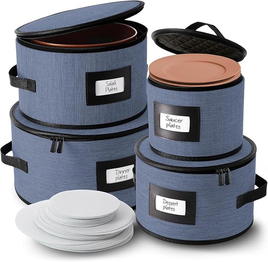 Fine China Storage Containers Hard Shell, 4 Piece Dish Storage Containers, Quilted Plate Containers, Stackable Dish Organizer with Dividers, Dinnerware Storage for Moving and Seasonal Storage, Blue-NeatNest