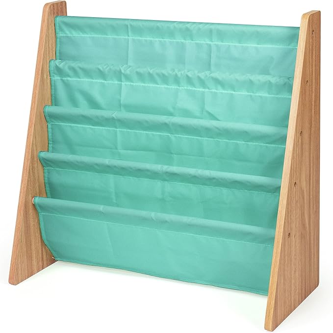 Humble Crew 4-Tier Kids Bookshelf, Natural Wood/Seafoam Green - Premium Book Shelf for Kids Rooms with Four Deep Pockets - Toddler Sling Book Rack with Deep Sleeves, Nursery Bookcase Organizer