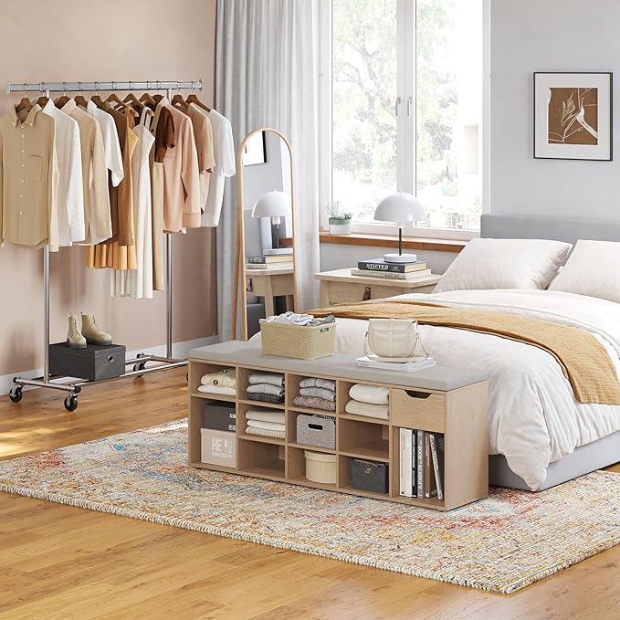 DINZI LVJ Shoe Bench, Entryway Storage Bench with Drawer and 14 Cubbies, Long Cubby Shoe Rack with Adjustable Shelves, Shoe Organizer for Living Room, Bedroom, Mudroom, Garage,Natural-NeatNest