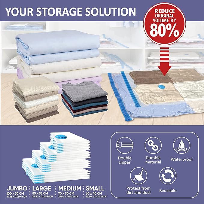 18 Pack Vacuum Storage Bags with Hand Pump, 80% Space Saver Vacuum Seal Storage Bags for Clothing, Travel Lugggage, Blankets, Comforters