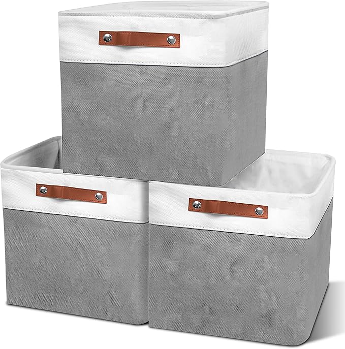 11in Open Fabric Storage Basket with Leather Handles for Organizing, Collapsible Linen Closet Bins for Shelves, Closets, Laundry, Decorative Basket for Gifts. (White＆Gray, 3PCS/11x11in)-NeatNest