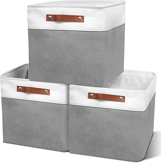 11in Open Fabric Storage Basket with Leather Handles for Organizing, Collapsible Linen Closet Bins for Shelves, Closets, Laundry, Decorative Basket for Gifts. (White＆Gray, 3PCS/11x11in)-NeatNest
