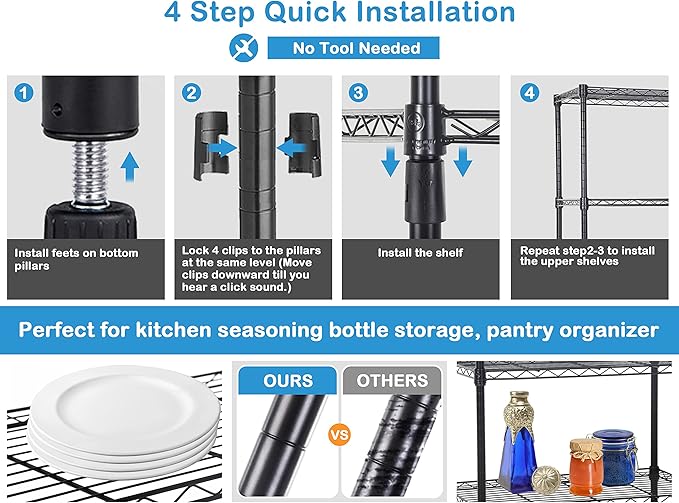 4-Tier Metal Wire Shelving Unit Kitchen Shelf Organizer Storage Rack Utility Shelf Snack Shelf, NSF Certified Storage Shelves for shelves Metal Shelving Shelves for Storage Shelf Pantry Shelves