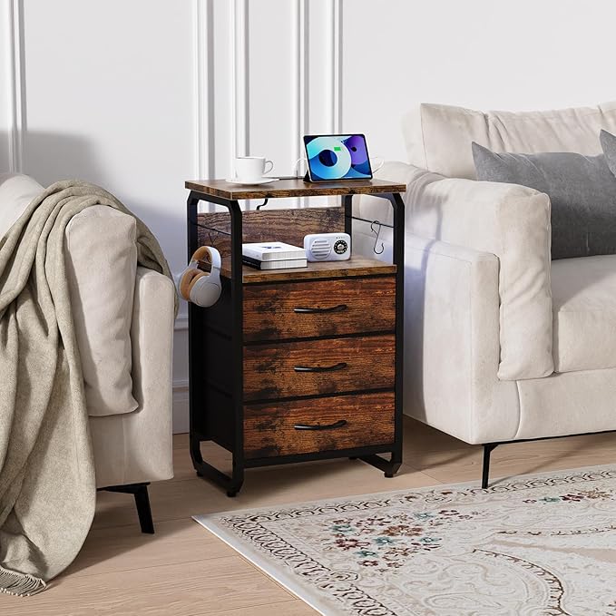 Tall Nightstand Set of 2 with Charging Station, Bed Side Tables Bedroom Set of 2, LED Night Stand Set 2, Bedside Table with Drawers, Night End Table with Storage for Bedroom, Dorm Rustic Brown
