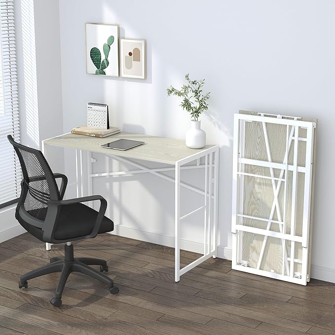 40 inch Folding Desk, Writing Gaming Computer Camping Desk, No Assembly Required Home Office Table, Natural and White-NeatNest