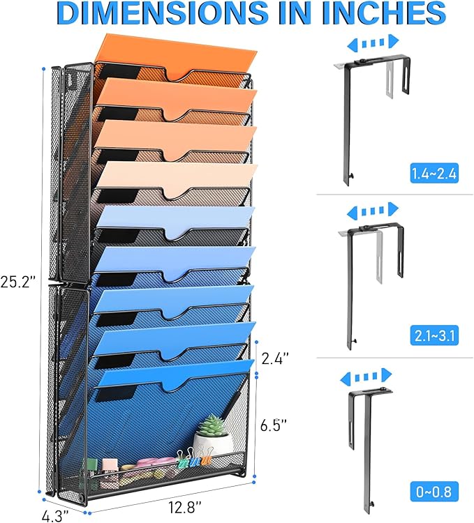 Wall File Organizer, 10 Pockets Mesh Hanging File Organizer, Wall Mount File Paper Folder Holder With Hooks, Wall Organizer Magazine Document Mail for Office School, Black
