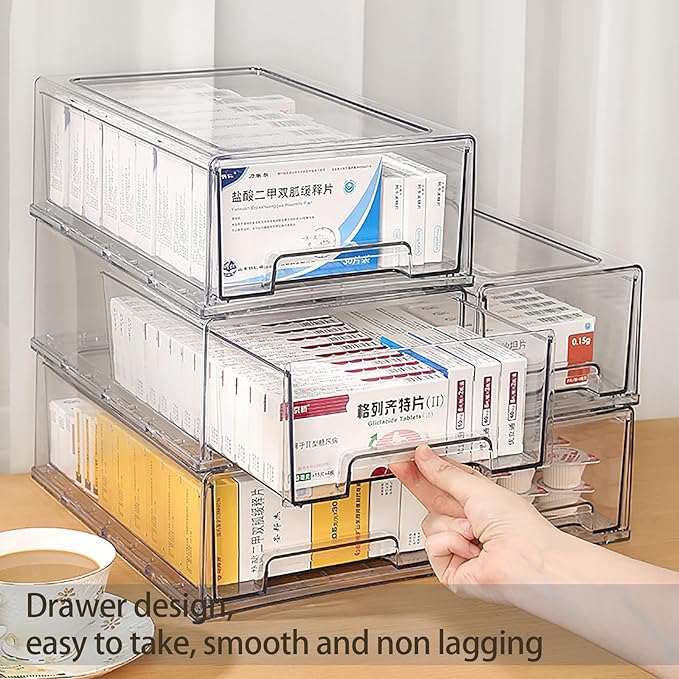 2 Pack - Clear Pulling Medicine Drawer First Aid Kit Box for Bathroom, Cabinet, Closet,Medicine Organizer, Medicine Storage Box Adhesive Bandages Family Emergency Kit (L drawer)-NeatNest
