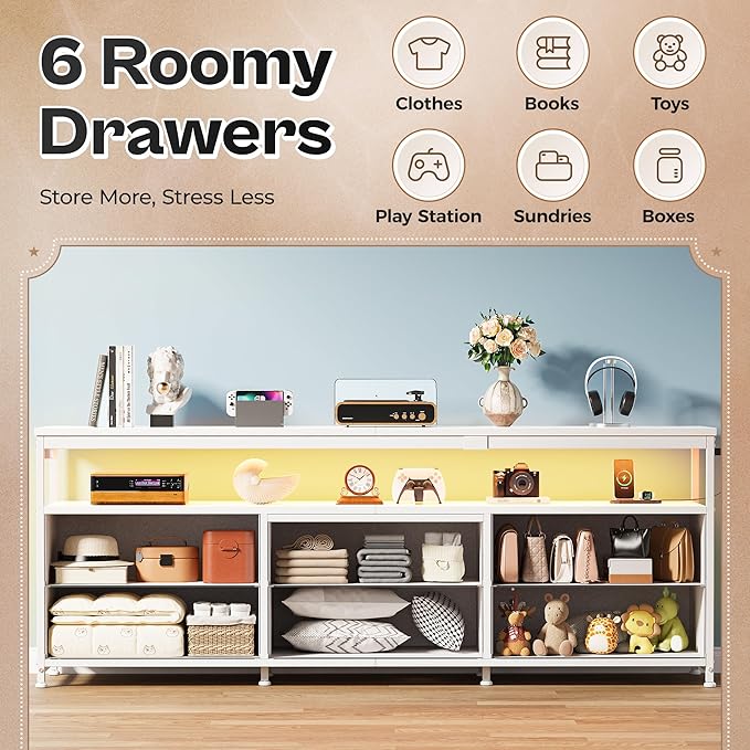 Huuger 63 Inch TV Stand for 55, 65, 70 Inch TV, Long Dresser TV Stand for Bedroom, White LED TV Stand with Power Outlets, Fabric Drawer Dresser with Storage, Entertainment Center for Living Room-NeatNest