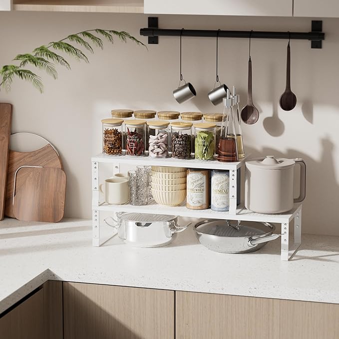Expandable Spice Rack & Kitchen Cabinet Organizer - Stackable, Adjustable Shelves for Cabinets, Countertops, Cupboards & Pantries(3 Packs/Medium/White)-NeatNest