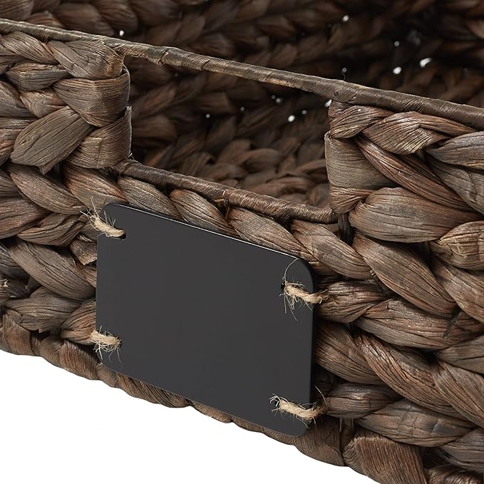 Casafield Set of 4 Water Hyacinth Pantry Baskets, 12-1/2" x 17" x 5", with Chalkboard Labels and Chalk Marker - Espresso, Woven Storage Bin Organizers for Kitchen Shelves-NeatNest