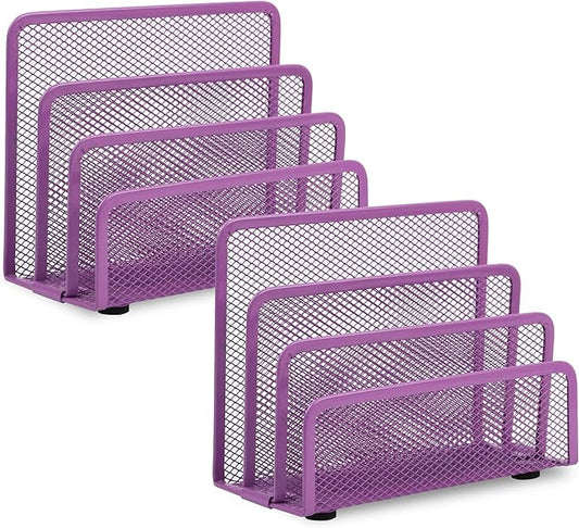 EASEPRES Desk Mail Organizer, Office Small Desktop Metal Mesh Envelope Letter Sorter Paper File Holder Organizer with 3 Vertical Upright Compartments, Purple 2 Pack
