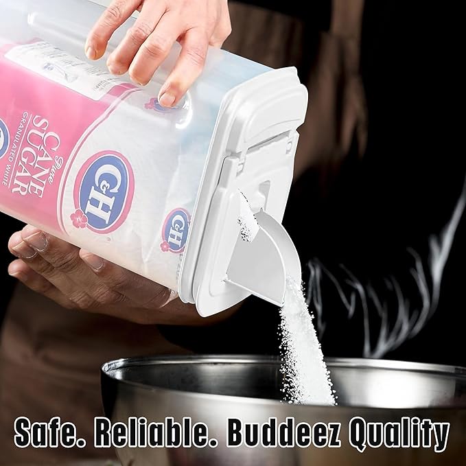 Buddeez Large Food Storage Container - 3.75 Quart Sugar Buddy, All Purpose Clear Kitchen Organization and Storage - Sugar, Flour, Cereal, Rice Dispenser, EZ Pour Spout & Easy Grip Handle (White Lid)-NeatNest