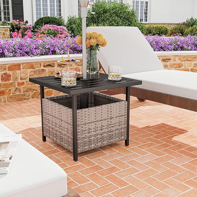 Patio Side Table with Umbrella Hole, 22" Rattan Wicker Umbrella Stand Table, Outdoor End Table for Patio, Garden, Poolside & Yard (Mix Gray)