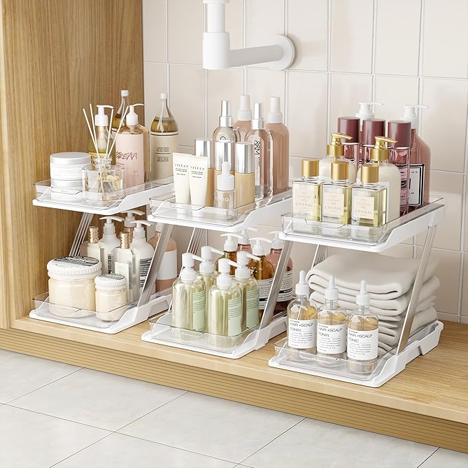 3 Pack Bathroom Organizers and Storage - Multi-Purpose,2-Tier Clear Pull Out Organization for Bathroom,Under Sink,Kitchen,Vanity,Countertop,Cabinet,Pantry & Medicine Cabinet,White-NeatNest