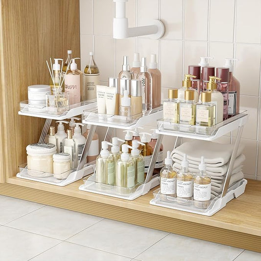 3 Pack Bathroom Organizers and Storage - Multi-Purpose,2-Tier Clear Pull Out Organization for Bathroom,Under Sink,Kitchen,Vanity,Countertop,Cabinet,Pantry & Medicine Cabinet,White-NeatNest