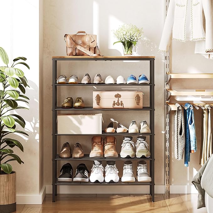 6-Tier Shoe Rack, Shoe Storage Organizer for Closet, Free Standing Shoe Organizer with Metal Mesh Shelves, 24 Pairs of Shoes, Rustic Brown and Black SS06BR-NeatNest