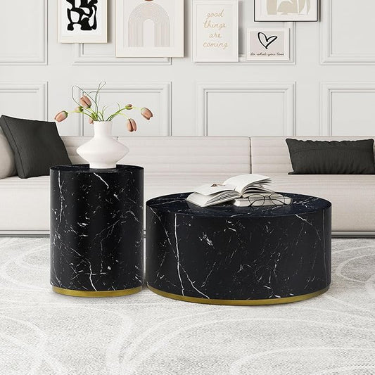 kevinplus BlackRound Coffee Table Side End Table Set of 2 for Living Room, Modern Contemporary Circle Drum Style, Gold Rim Bottom & Faux Marble Grain, No Assembly (Black, 2-Pcs)