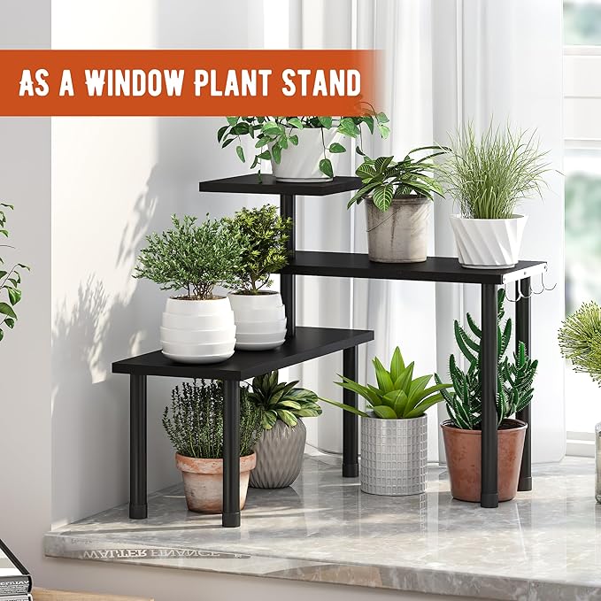 GHWIE Corner Shelf Organizer, 3 Tier Bamboo Kitchen Countertop Rack for Living Room, Office, Bookshelf Display Shelves, Space Saving Storage Shelves,Black