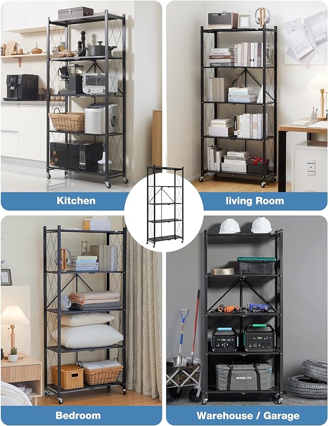ALANNG 70.7" H Metal Storage Shelves, 5 Tier Folding Shelf on Wheels, Heavy Duty, No Assembly, Rolling, Collapsible Rack Unit for Kitchen, Basement, Pantry (Black,4 Pack)