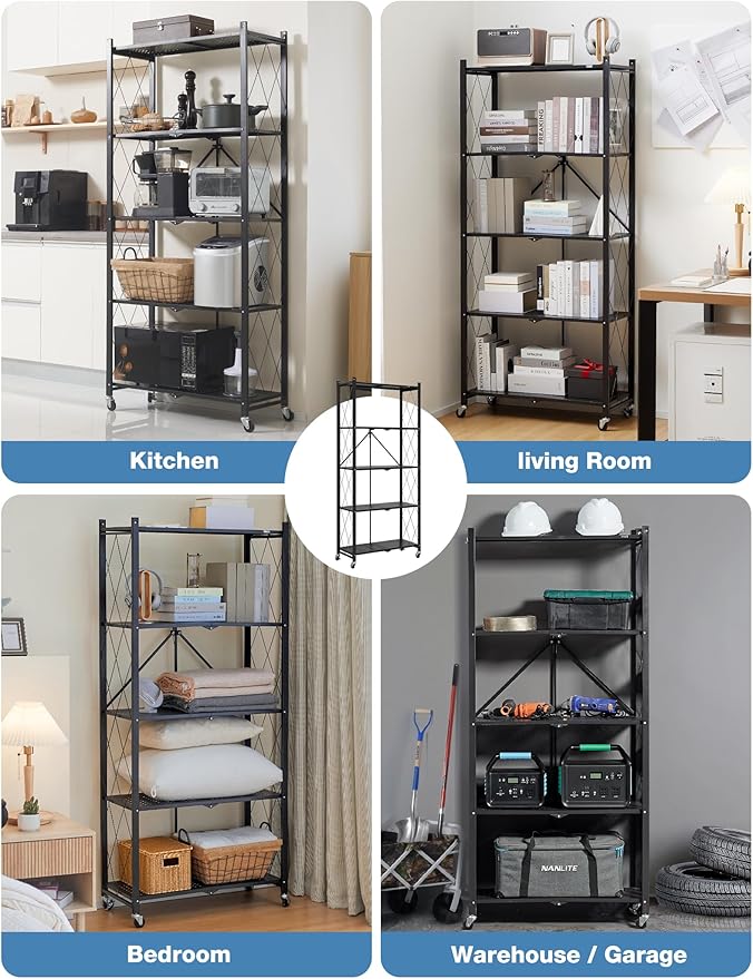ALANNG 70.7" H Metal Storage Shelves, 5 Tier Folding Shelf on Wheels, Heavy Duty, No Assembly, Rolling, Collapsible Rack Unit for Kitchen, Basement, Pantry (Black,3 Pack)