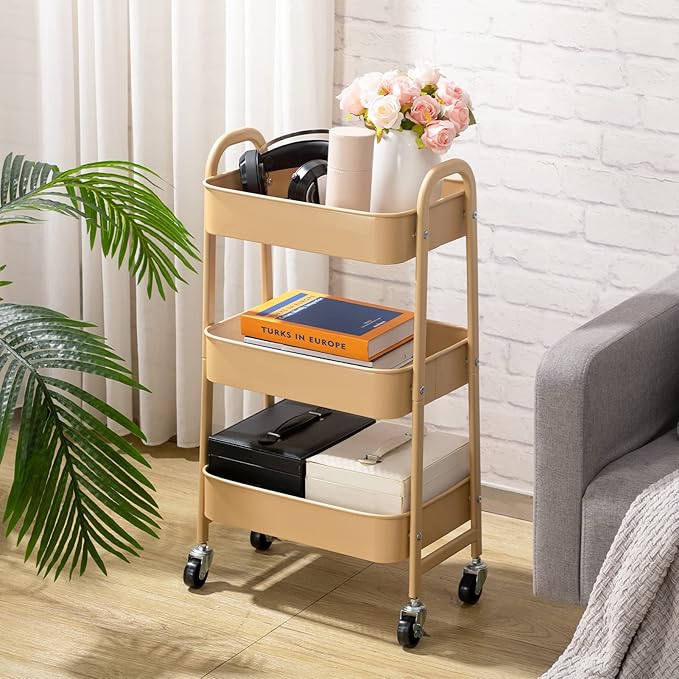 AGTEK Makeup Cart, Movable Rolling Organizer Cart, 3 Tier Metal Utility Cart with Lockable Wheels for Home & Office, Golden-NeatNest