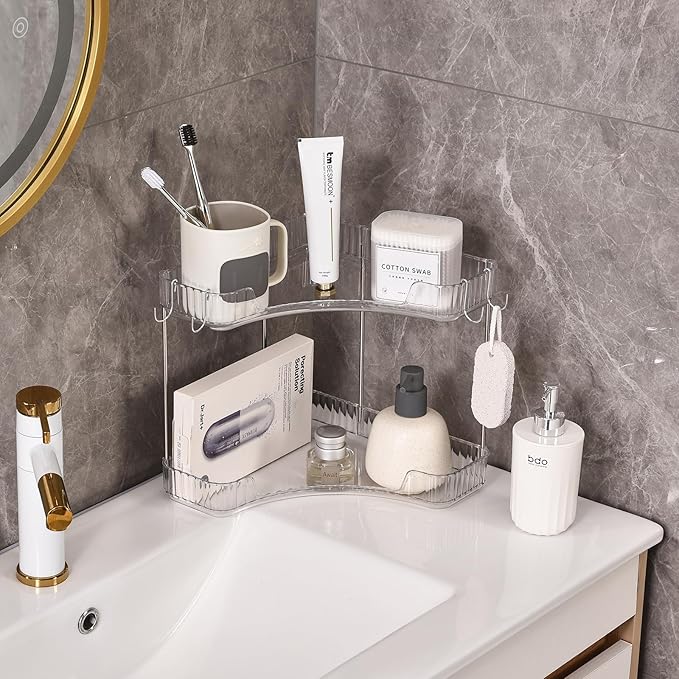 2 Tier Plastic Bathroom Counter Organizer with Hooks,Corner Vanity Tray and Makeup Storage Shelf for Sink, Countertop (White Silver)-NeatNest