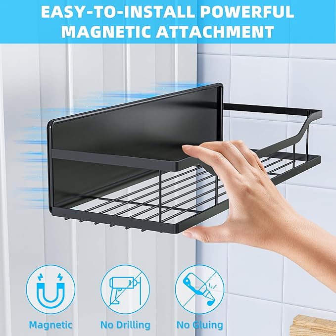 5 Pack Magnetic Shelves for Washing Machine & Refrigerator, Paper towel holder, Movable Powerful Magnetic Spice Racks with Unique Hollow Design, for Laundry Room and Kitchen Organization (Black)