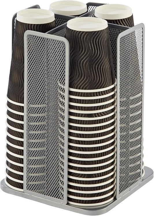 Annova Paper Cup and Lid Holder Plastic Cup Storage Organizer, 360°Rotating Coffee Cup Dispenser with 4 Compartments, Multifunctional Cup Storage Rack for Home, Office, Bar, Coffee Shop (Silver)-NeatNest