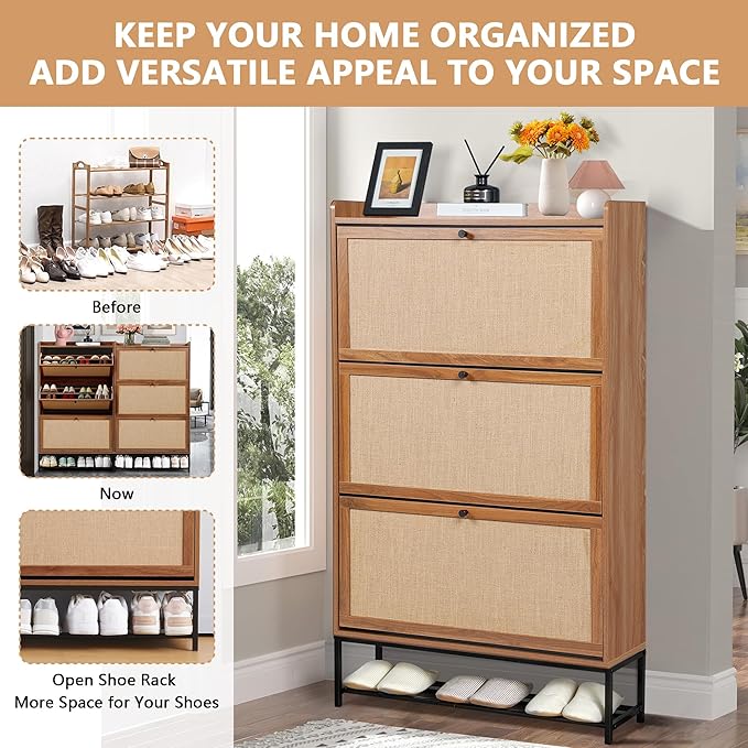 LEVNARY Shoe Storage Cabinet with 3 Flip Drawers, Freestanding Shoe Cabinet Storage Organizer for Entryway, Wooden Narrow Shoe Racks Cabinet with Metal Legs for Hallway (Walnut)-NeatNest