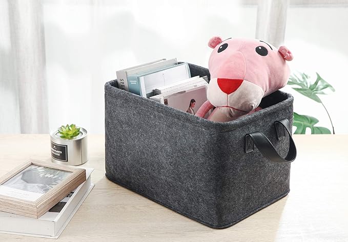 Collapsible Storage Bins Foldable Felt Fabric Storage Basket Organizer Boxes Containers with Handles PU Handles for Nursery Toys,Kids Room,Clothes,Towels,Magazine (PU-Dark grey, 15.9L×11W×9.8H)-NeatNest
