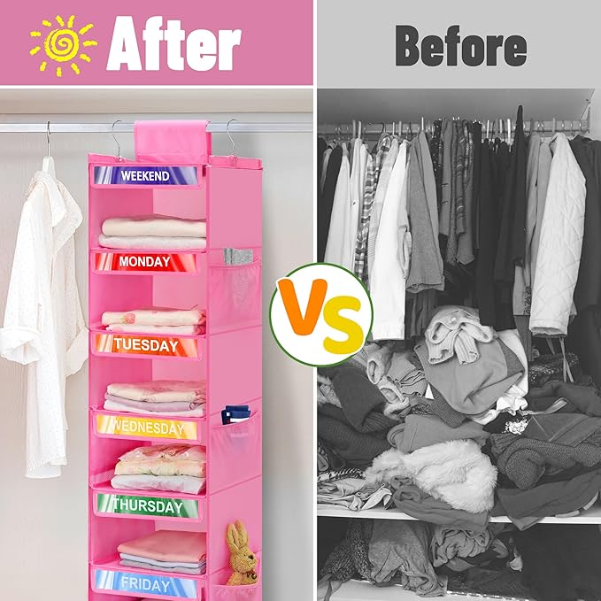 2 Pack 6-Shelf Weekly Clothes Organizer for Kids, Hanging Daily Closet Organization with 6 Side Pockets, Days of The Week Clothing Divider Storage for Boys and Girls (Pink)-NeatNest