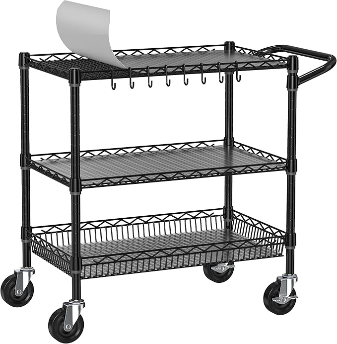Heavy Duty Rolling Cart with Wheels, 3 Tier Commercial Grade Utility Cart, Metal Kitchen Storage Trolley with Handle Bar & Shelf Liner for Food Service Tool, Black